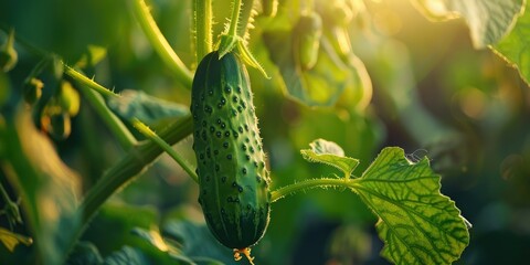 A fresh green cucumber dangling from a vine, symbolizing a bountiful harvest and a nutritious, healthy diet.