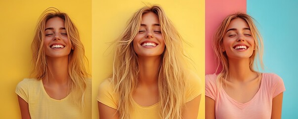 A cheerful woman with blonde hair smiles in front of vibrant colored backgrounds, radiating happiness and positivity.