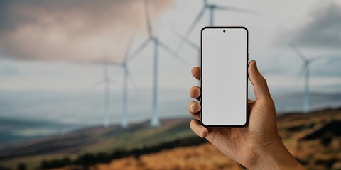 Caucasian White middle aged male using smartphone with a blank white screen. Wind turbines, renewable energy, sunset apps mockup. Vertical phone orientation