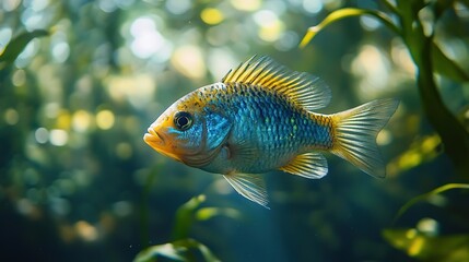 A vibrant fish swimming gracefully through clear water, surrounded by lush aquatic plants and captivating sunlight.