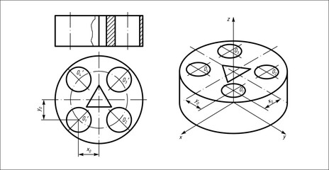 Poster - Vector drawing of steel cast mechanical part with through holes
and dimension lines.
Engineering computer cad scheme. Technical template 
on white sheet of paper. 3d model.