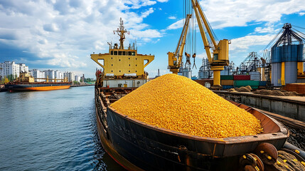 Dry cargo ship at the harbor loading corn for global grain commerce and distribution