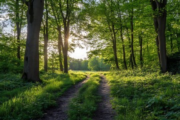 Poster - Sunbeams illuminate path through lush green forest with tall trees