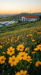 Creative Sustainable Farmhouse with Solar Panels and Wind Turbines at Sunset Amidst Blooming Flowers.