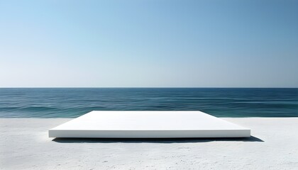 Serene minimalist white platform overlooking tranquil sea waves