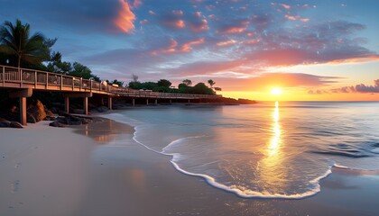 Serene beach footbridge bathed in sunrise light inviting relaxation and tranquility on vacation