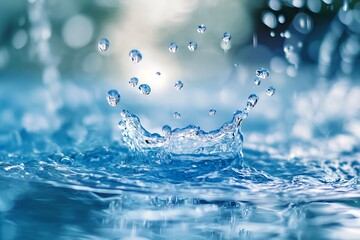 Wall Mural - Water drop splash, creating a crown like wave, abstract blue background