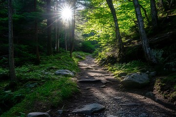 Canvas Print - Sun shining through the trees on a forest path