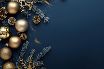 A blue background with gold and blue Christmas ornaments, generative ai image