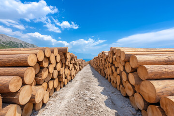 Rows of freshly cut timber logs stacked in an outdoor lumberyard on a sunny day, with a clear blue sky