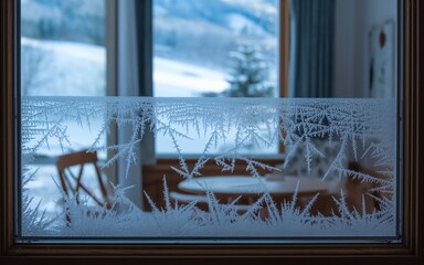 Close-up of frost patterns on a window pane with a blurred view of a winter landscape and a dining area.