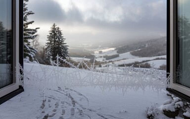 A snowy winter landscape viewed from a window with frost patterns on the glass.