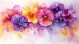 Vibrant watercolor painting of colorful pansy flowers, showcasing delicate petals and a serene blend of soft backgrounds.