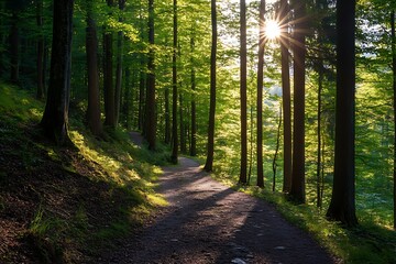 Poster - Sun shining through trees on a path in forest. Nature scenery with sunlight, green trees, and a pathway. Beautiful nature scene