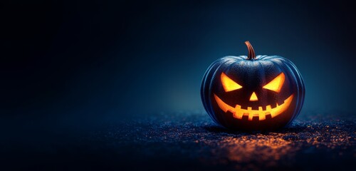 A halloween lit Jack O Lantern in a spotlight glow on a wide dark blue background