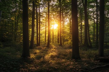 Canvas Print - Golden sunset through forest trees, nature, woodland, woods, landscape photography