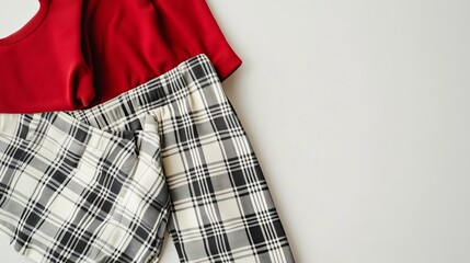 Canvas Print - A women's pajama set consisting of plaid pants and a red shirt is displayed on a white background in a close-up view