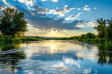 Wall Mural - Tranquil River Sunset with Blue Sky and Clouds