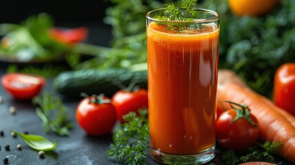 Fresh vegetable juice with herbs on a dark background