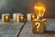 © Sam - A glowing light bulb sits atop a wooden block with a question mark, illuminating the path to finding answers.