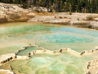 Aqua Blue Terraced Pool at Mammoth Hot Springs in Yellowstone National Park in Wyoming.