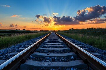 Straight train tracks vanishing into sunset horizon, summer landscape with blue sky and clouds