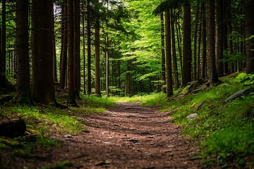 Poster - Sunlight streaming through tall trees on a forest path, scenic woodland trail