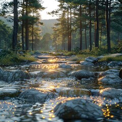 Poster - Sunlit Stream in a Forest