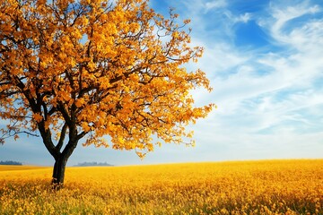 Solitary tree with vibrant yellow foliage in a golden field, against a blue sky with white clouds