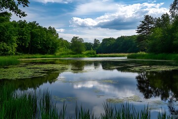 Wall Mural - Peaceful Scenic Lake View With Lush Green Trees, Blue Sky And Clouds Reflecting In Water