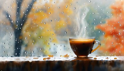 Cozy Watercolor Coffee Scene with Steaming Cup on Rainy Window Sill