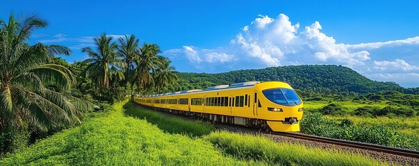 A vibrant yellow train travels through lush green landscapes under a bright blue sky, perfect for capturing the essence of travel.