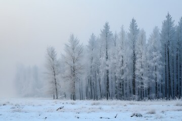 Poster - Misty winter forest with snow covered ground and trees