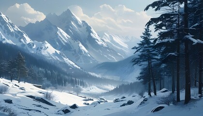 Tranquil winter landscape of snow-covered mountains and forest in a serene wonderland setting