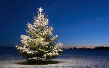 A decorated Christmas tree stands tall in a snow-covered field under a star-filled night sky.