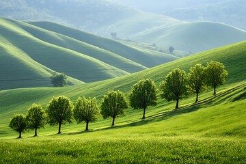 Wall Mural - Rolling Green Hills with Row of Trees in Scenic Landscape