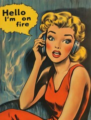 Poster - a comic book scene from 1950s, Blonde woman talking on the phone with a speech bubble above her head saying 