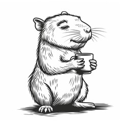 Wall Mural - a cute capybara holding a cup of coffee, logo style, line art, flat design, high contrast, black and white 