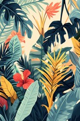 Wall Mural - A dense jungle scene with stylized tropical plants palm leaves vines and exotic flowers all in clean lines and vibrant colors contrasting against a pastel background