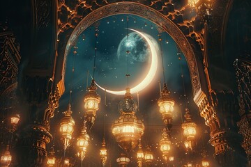 Poster - Golden Lanterns and Crescent Moon