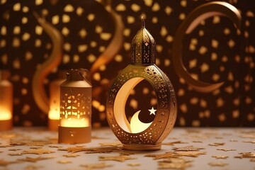 Canvas Print - Golden Lanterns with Crescent Moon Decorations