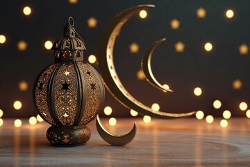 Canvas Print - Ornate Ramadan Lantern with Crescent Moons and Lights