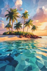 A small idyllic tropical island with a sandy beach crystalclear water and a few palm trees swaying in the breeze, low poly style