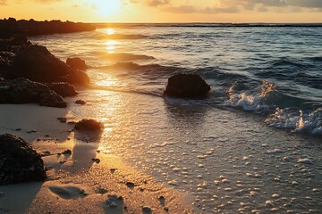 Poster - Golden Hour Sunset over the Ocean with Waves Crashing on Sandy Beach