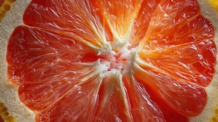 Close-up of a vibrant grapefruit slice, showcasing its juicy texture and bright, detailed segments, perfect for food and health visuals.