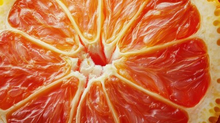 Close-up of a vibrant grapefruit slice, showcasing its juicy texture and bright, detailed segments, perfect for food and health visuals.