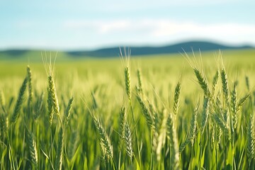 Wall Mural - Green Wheat Field Close Up with Blurred Background and Blue Sky, Agriculture, Nature, and Harvest Concept