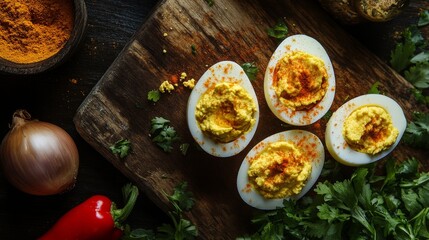 Wall Mural - Deviled egg salad ingredients onions crushed tomatoes tomatoes salt red bell peppers garlic olive oil yellow curry paste