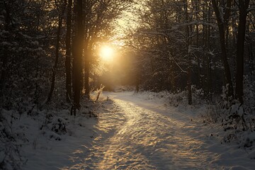 Canvas Print - Snowy Forest Path at Sunset with Sun Rays Shining Through Trees