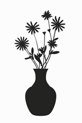 Wall Mural - flat design illustration, silhouette of a vase , daisies in the vase, plain background, minimalist still life